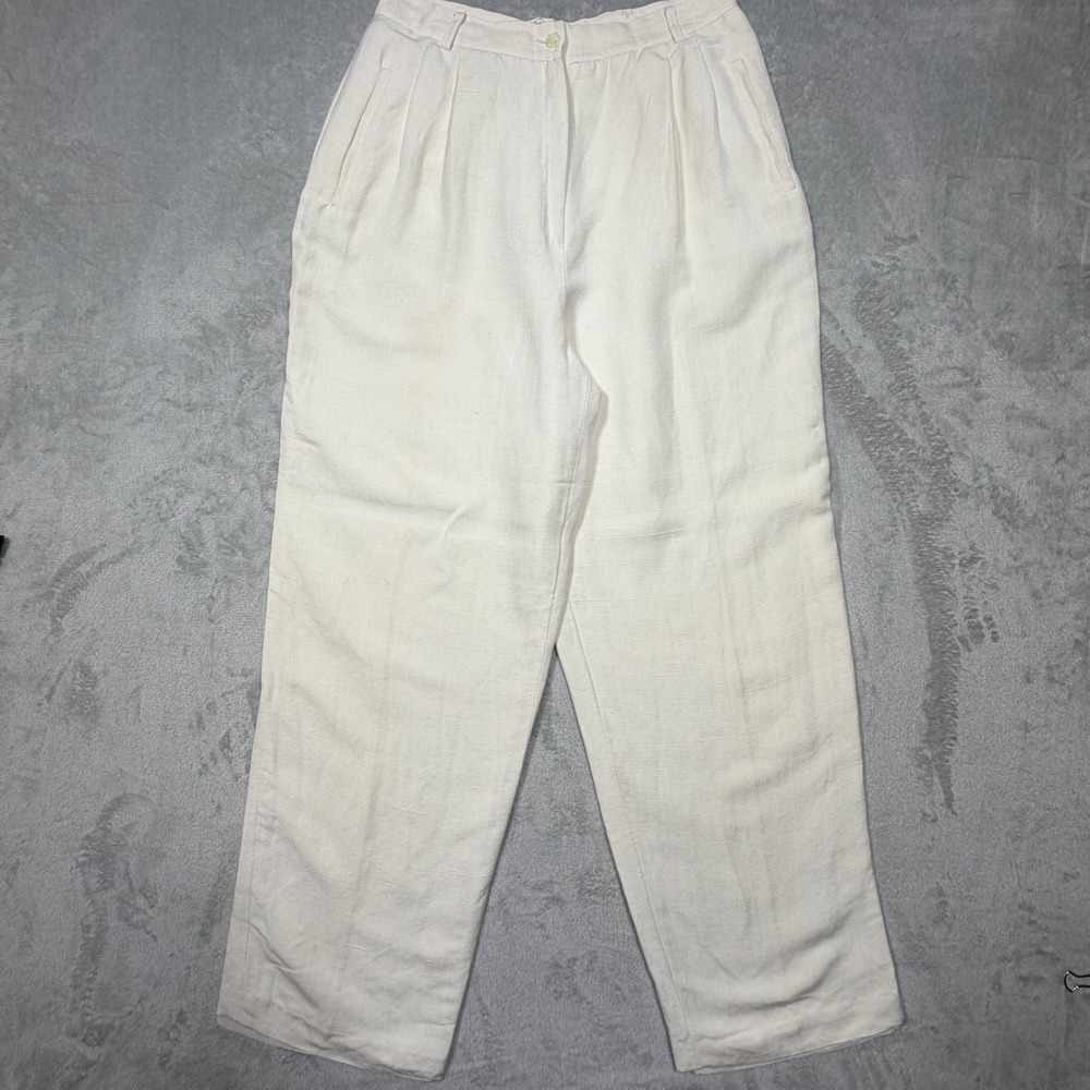 Vintage 90s Liz Claiborne Cream Linen Rayon High Waisted Pleated Pants Size 14 L